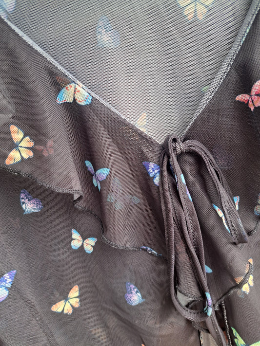 Cardigan noir semi-transparent croptop avec papillons