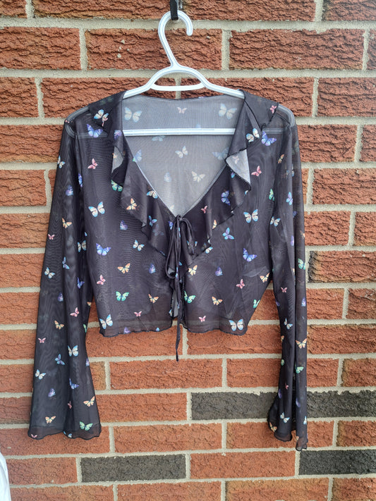 Cardigan noir semi-transparent croptop avec papillons