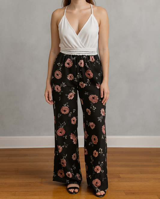 One-piece haut blanc, bas noir avec motif de fleurs
