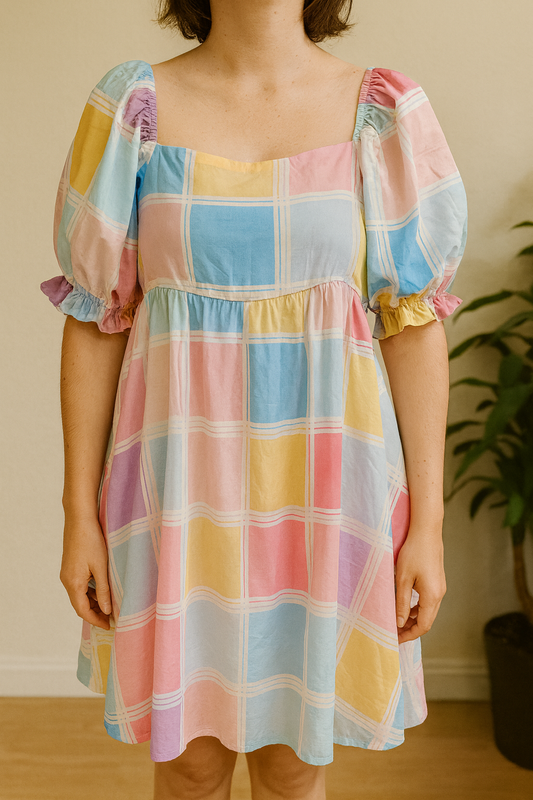Robe à carreaux, couleurs pastels avec manches bouffantes
