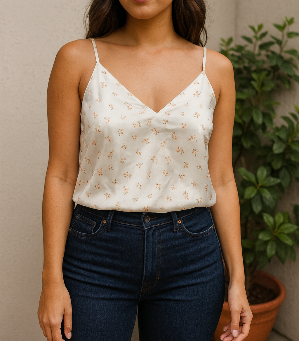 Camisole blanche style satin fleuri