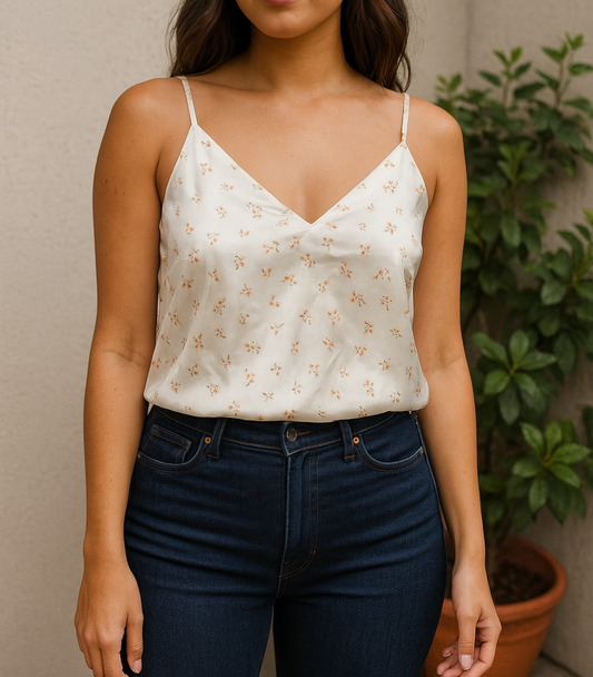 Camisole blanche style satin fleuri