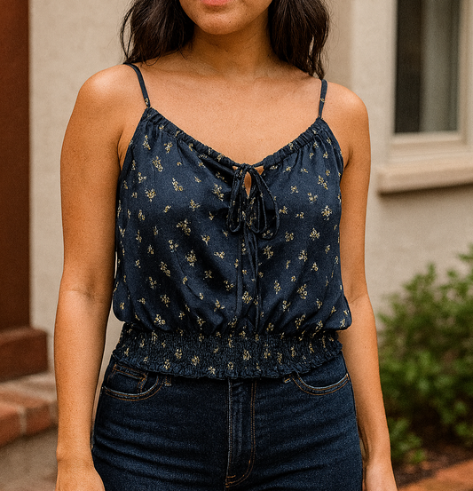 Camisole bleu marine fleuri style satin