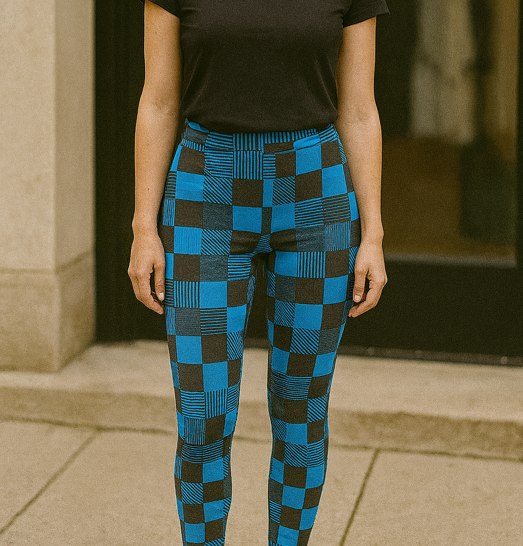 Pantalon style legging à carreaux bleu et noir