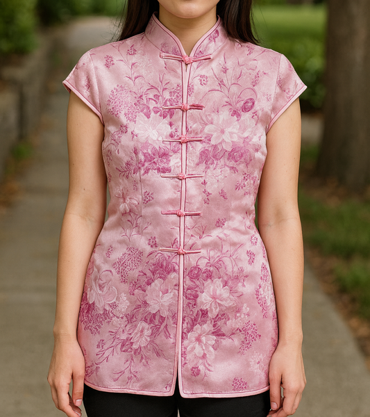 Robe cheongsam traditionnelle rose motifs floraux