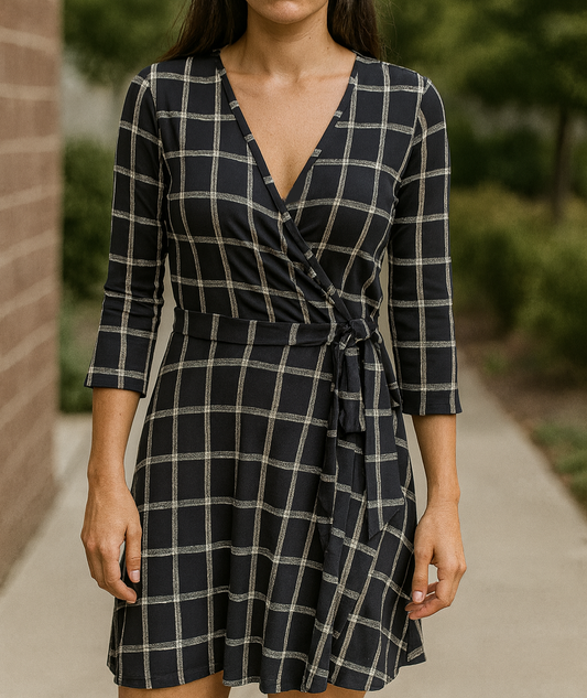 Robe noire à carreaux manches mi-longues