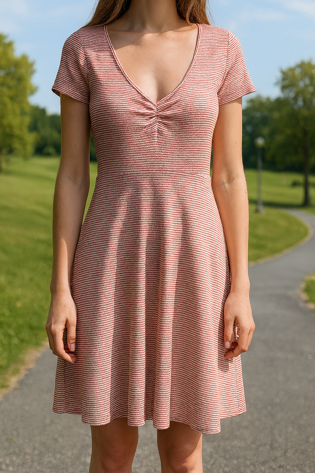 Robe à manches courtes rayé blanche et rouge