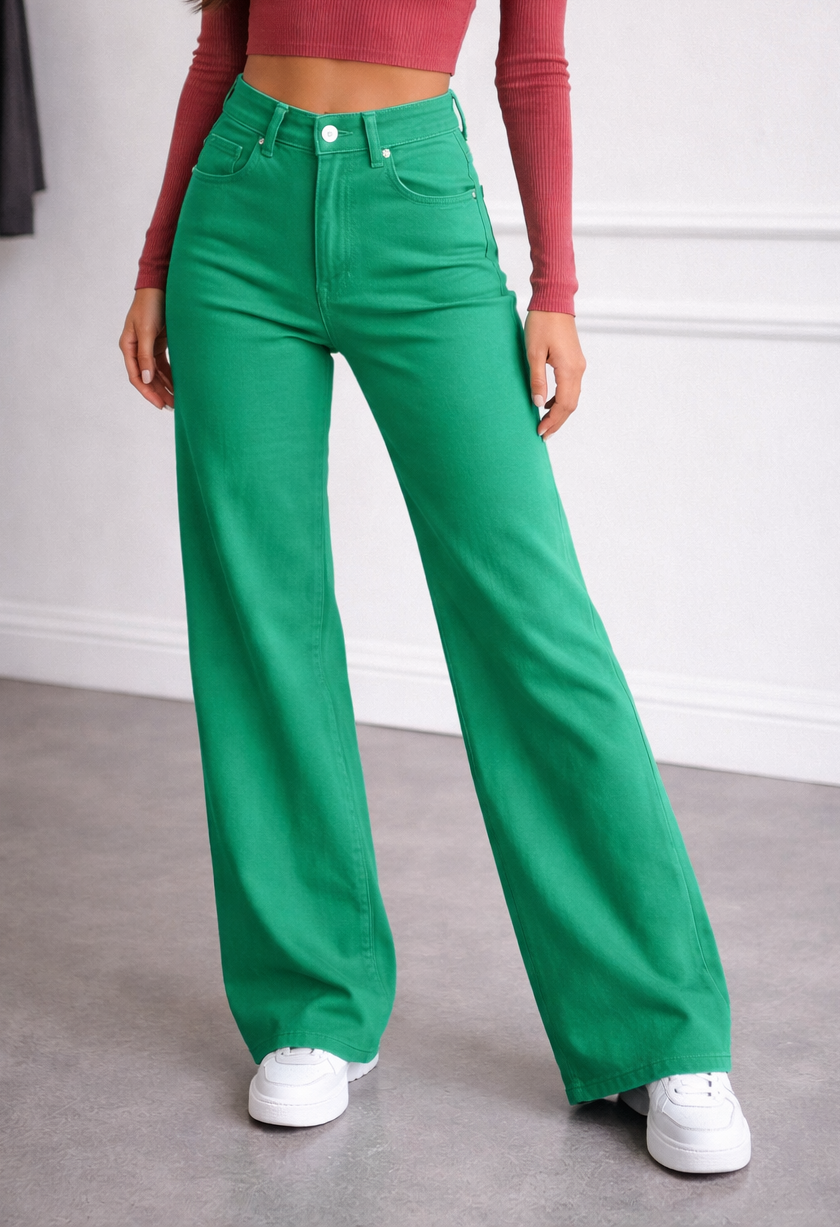 Pantalon jeans vert jambe large