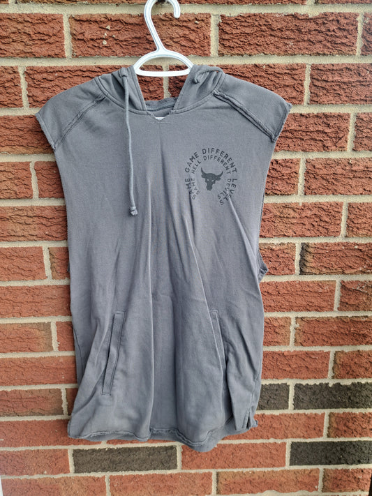 Hoodie gris sans manche avec capuche et motif tête de buffle