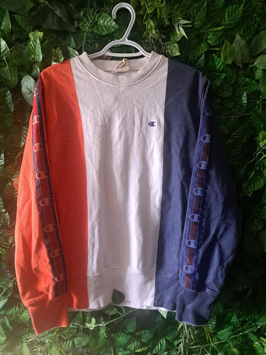 Chandail manches longues style hoodie Champion orange et bleu