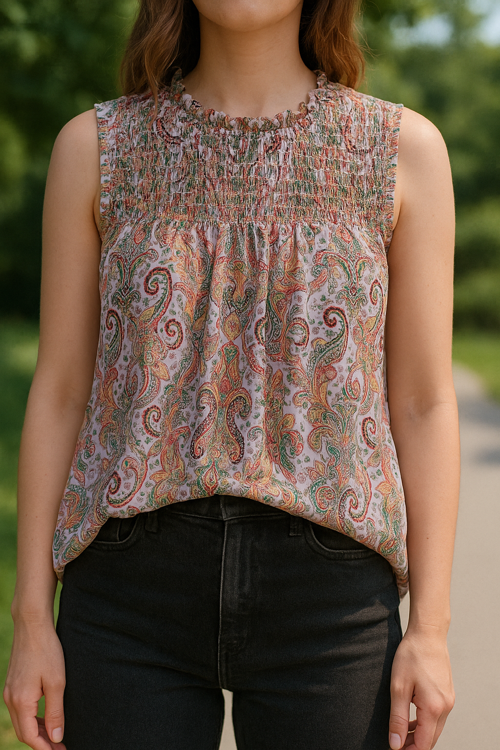 Camisole semi-transparente motifs rose et vert