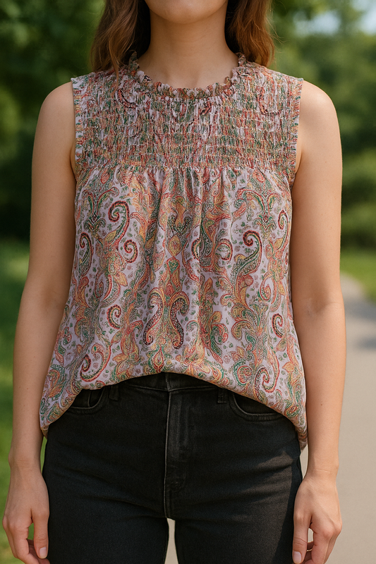 Camisole semi-transparente motifs rose et vert